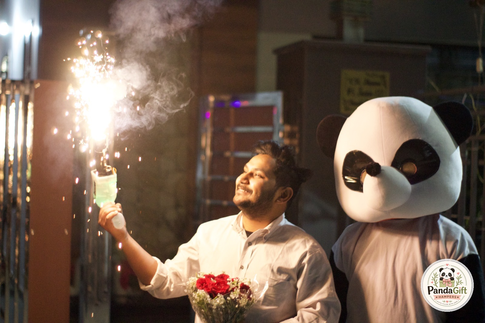 Panda Mascot Cold-Pyro Sparkler Celebration